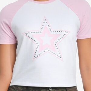 Sweet Society Rhinestone Star Girls Crop Baby Raglan T-Shirt- Junior Size-Large